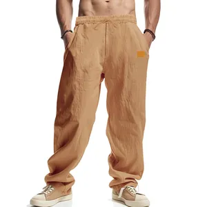 Detailed view of men's breathable khaki linen wide-leg casual pants for summer