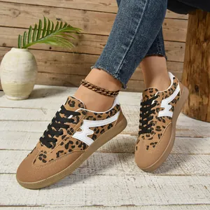 Damen Retro German Army Trainer Schuhe Lässige PU Leder Leopardenmuster Patchwork Flache Sneaker Rutschfeste Weiche Sohle Schnürschuhe