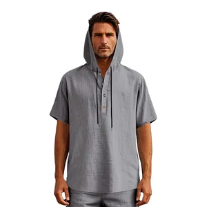 Men's casual grey short-sleeve linen hooded Henley shirt perfect for summer beach