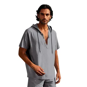 Men's grey linen hooded Henley shirt, short sleeve casual beach top with button detail