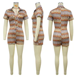 Detail showing three angles of a wave striped V-neck short sleeve fashion jumpsuit romper