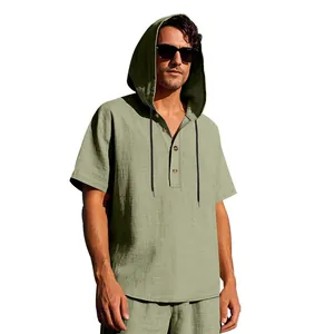Close-up view of men's sage green linen hooded Henley shirt with button detail
