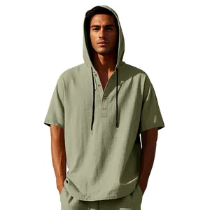 Front view of men's casual linen hooded Henley short sleeve shirt in sage green
