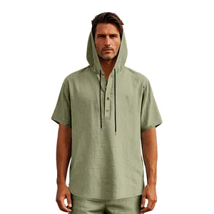 Men's short sleeve linen hooded Henley shirt in light green for summer beach casual wear.