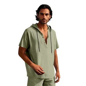 Detailed view of men's casual hooded linen shirt in sage green with button placket