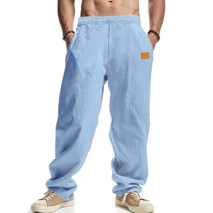 Comfortable men's light blue wide-leg linen trousers for summer beach holidays