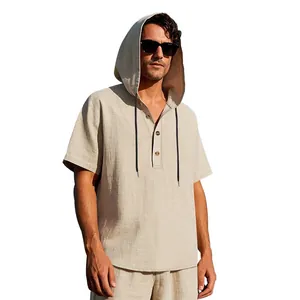 Model wearing a men's casual linen hooded Henley shirt, showing the fit and hood detail