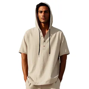 Men's casual beige linen hooded Henley shirt featuring buttons and a stylish drawstring