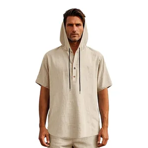 Front view of men's casual linen hooded Henley shirt with short sleeves and buttons.