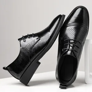 Men's Business Derby Shoes 2025 Summer Fashion Perforated Breathable Leather Formal Shoes Brogue Details Lace-up Non-slip Rubber Sole Large Size Dress Shoes