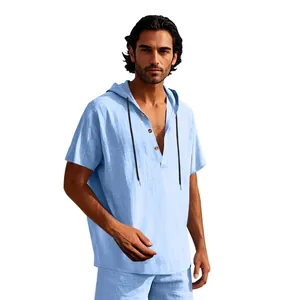 Light blue linen hooded Henley shirt with short sleeves and buttons for men summer wear