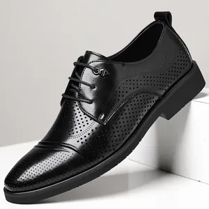 Classic black leather Derby shoes with perforated detail for business formal wear