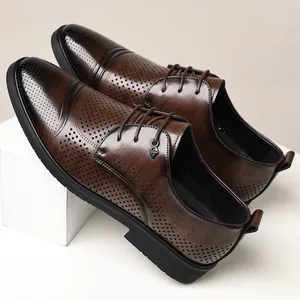 Classic brown men's perforated leather Derby shoes for business formal occasions