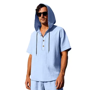 Light blue men's linen hooded Henley shirt featuring short sleeves and button placket