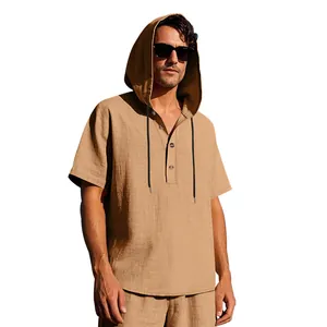 Stylish men's summer casual khaki linen hooded henley shirt with short sleeves and buttons