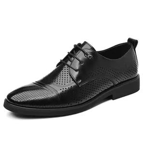 Classic men's black leather Derby shoes with stylish perforated business formal design