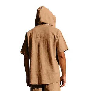 Rear view of men's loose linen hooded short-sleeve shirt in khaki brown color