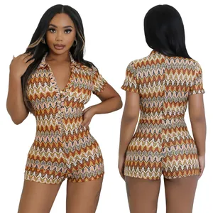 Front and back view of chic chevron print V-neck short sleeve romper for women.