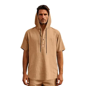 Close-up front view of men's beige linen hooded Henley shirt with breathable fabric
