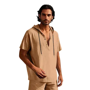 Men's casual summer tan linen-look hooded Henley shirt and matching shorts beachwear set.