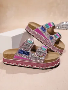 Bling rhinestone platform sandals with cork footbed and braided rope trim detail