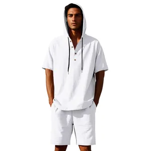 Set estivo da uomo in lino bianco con camicia a maniche corte con cappuccio e short