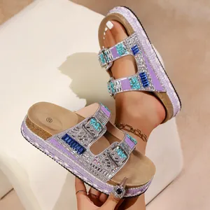 Bohemian platform sandals with rhinestones and cork sole in lavender purple.