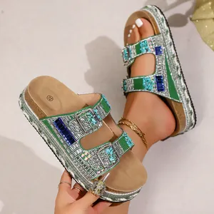 Boho green rhinestone platform sandals with cork sole and double buckle beach slides.