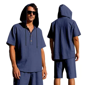Set estivo uomo camicia con cappuccio e pantaloncini in lino blu vista fronte e retro