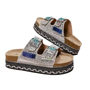 Bohemian rhinestone platform cork sandals with braided hemp rope sole for beach outings