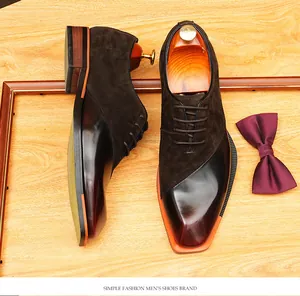 Top view of vintage men's patchwork oxford shoes crafted in suede and polished leather