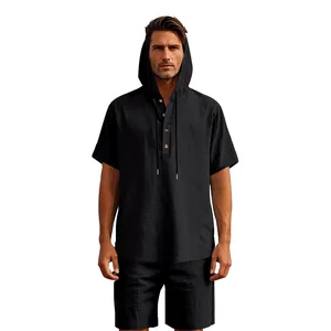 Set estivo casual da uomo in lino nero con camicia a maniche corte con cappuccio e pantaloncini
