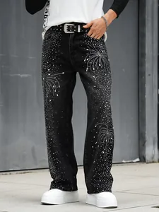 Jean noir coupe droite pour homme avec motif de feu d'artifice en strass complexe!