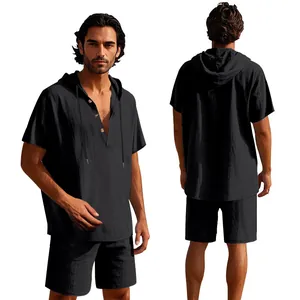 Set camicia con cappuccio e pantaloncini da spiaggia in lino nero da uomo, vista fronte e retro