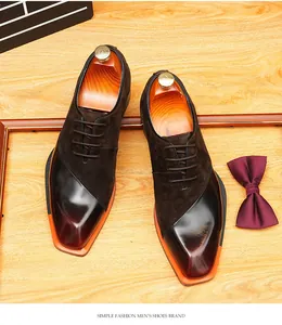 Detail view of men's suede and polished leather patchwork oxfords with square toe