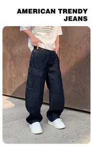 Loose fit dark blue straight-leg cargo jeans for men with water-washed finish