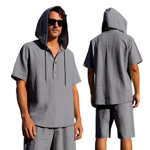 Set camicia con cappuccio in lino grigio e pantaloncini abbinati da uomo, vista fronte e retro