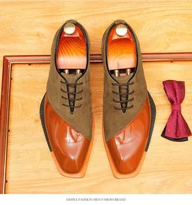 Top-down detail view of suede and patent leather patchwork shoes with square toe