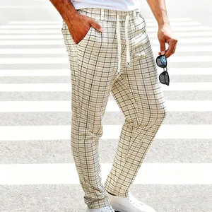 Heren casual geruite broek met trekkoord, stijlvolle zomerse look voor dagelijks gebruik