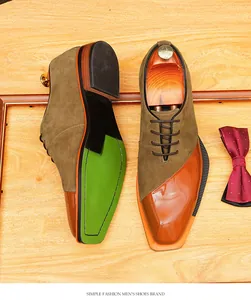 Detailed view of vintage suede and patent leather patchwork men's oxford shoes