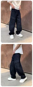Detail views showing front and side of loose straight-leg dark blue denim cargo pants