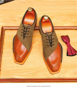 Exquisite macro detail of retro suede and polished leather patchwork oxford dress shoes.