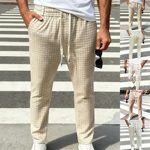 Heren Zomer Ruit Casual Lange Broek Amerikaanse Stijl Losse Wijde Pijpen Met Koord Elastische Taille Polyester Onderkant