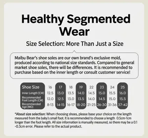 Size guide for toddler walking shoes showing inner length and age recommendations.