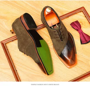 Detailed view of vintage men's oxfords with suede and polished leather patchwork