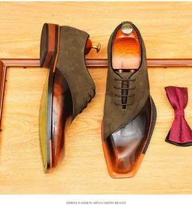 Vintage men's Oxford shoes featuring suede and polished leather patchwork design