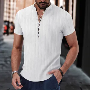 Men Henley Shirt Short Sleeve Stand Collar Jacquard Casual Striped Summer Top Regular Fit Breathable Men Clothes