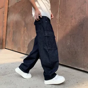Loose fit straight leg dark blue washed denim cargo pants for men in street style