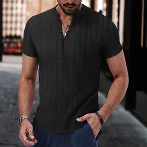Men's black jacquard Henley shirt with stand collar and casual short sleeves for summer