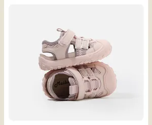 Close-up of pink breathable mesh baby sandals with protective toe cap and Velcro straps